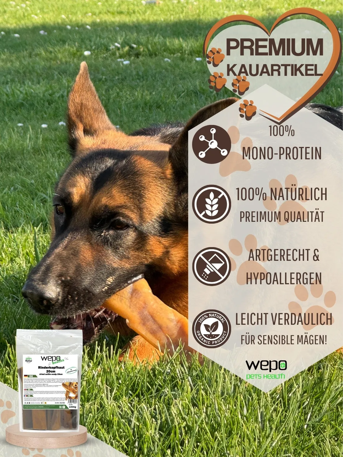 WEPO Runderkopshuid kauwsnack hond 1kg natuurlijk