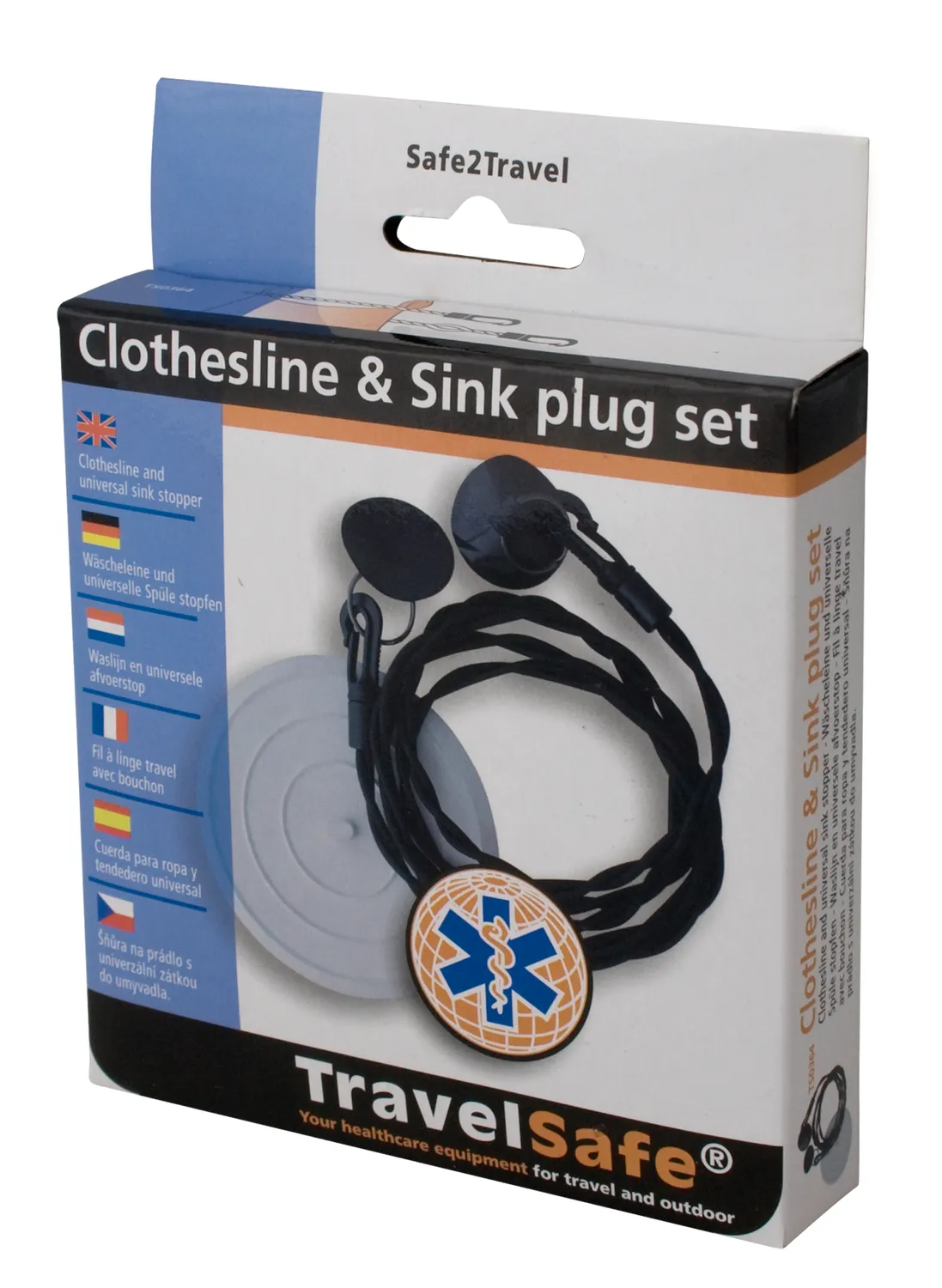 TravelSafe elastische waslijn met afvoerstop 1,5-2,5 m