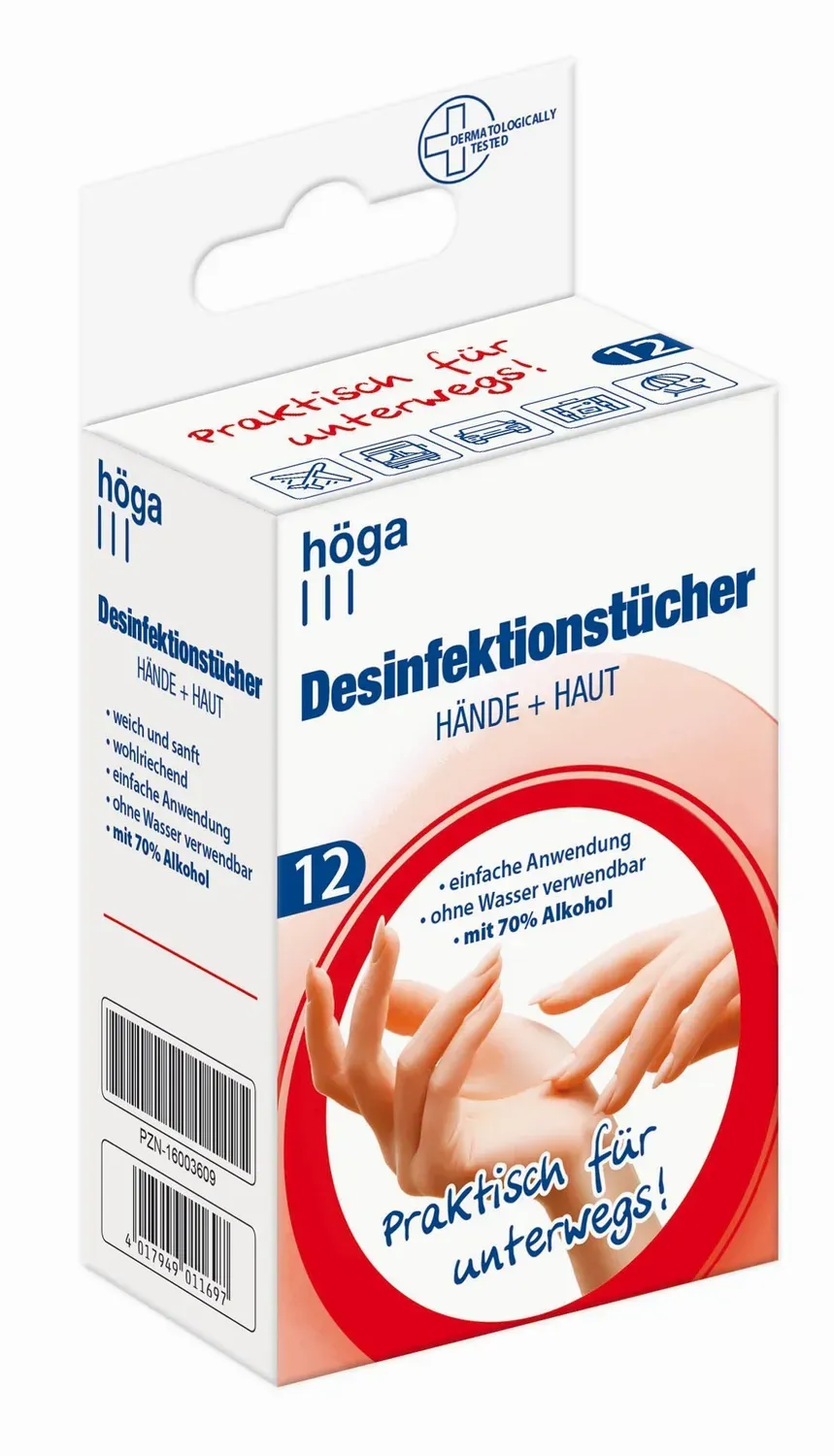 Höga Hände + Haut desinfectiedoekjes 12 stuks 70% alcohol